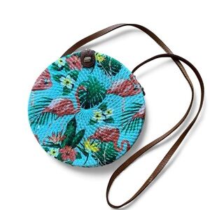 Hawaiian Painted Flamingo Floral Round Rattan Crossbody Purse/Bag